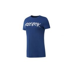 T-shirty z krótkim rękawem Reebok Sport Koszulka GS Script. Niebieskie topy sportowe damskie Reebok Sport, xs, bez wzorów, bez kołnierzyka, z krótkim rękawem, krótkie, bez kaptura. Za 79,95 zł.