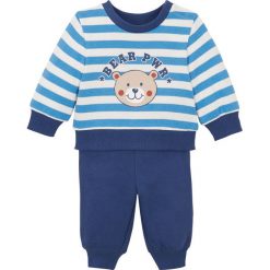 Bluza dresowa i spodnie niemowlęce (2 części), bawełna organiczna bonprix kobaltowo-błękitny. Niebieskie bluzy niemowlęce bonprix, w paski, z bawełny, bez rękawów, bez kaptura. Za 64,99 zł.