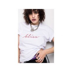 Bliss white t-shirt. Białe t-shirty damskie Rest_factory, s, z nadrukiem, z elastanu, klasyczne, z klasycznym kołnierzykiem. Za 71,20 zł.