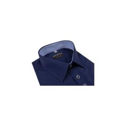 Granatowa koszula męska Modini A4. Niebieskie koszule męskie Modini Moda Męska, m, bez wzorów, z bawełny, eleganckie, ze stójką, z długim rękawem. Za 105,30 zł.
