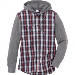Koszula z długim rękawem z dzianiny dresowej bonprix ciemnoniebiesko-szary melanż w kratę. Niebieskie koszule męskie bonprix, xl, bez wzorów, z dzianiny, z kapturem, z długim rękawem. Za 109,99 zł.