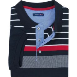 Granatowa męska koszulka polo w czerwono-białe paski KP14. Czerwone paski męskie Lanieri Fashion - swetry męskie, w paski, z bawełny, casualowe. W wyprzedaży za 134,10 zł.