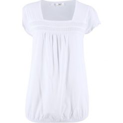 Shirt bawełniany z koronką i krótkim rękawem bonprix biały. Białe koszulki damskie bonprix, w koronkowe wzory, z bawełny, bez kołnierzyka, z krótkim rękawem. Za 44,99 zł.