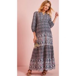 Sukienka ciążowa w kolorze granatowo-białym. Niebieskie sukienki ciążowe Vertbaudet Baby & Mom, bez wzorów, z bawełny, bez kołnierzyka, moda ciążowa, bez rękawów, rozkloszowane. W wyprzedaży za 75,95 zł.