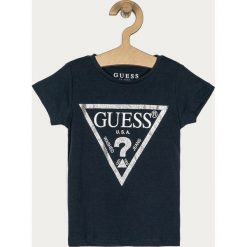 Guess Jeans - T-shirt dziecięcy 92-122 cm. Niebieskie bluzki dziewczęce Guess Jeans, z nadrukiem, z bawełny, z okrągłym kołnierzem, z krótkim rękawem, krótkie, bez kaptura. Za 79,90 zł.