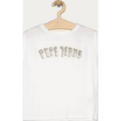 Pepe Jeans - T-shirt dziecięcy Trinity 128-176 cm. Białe bluzki dziewczęce Pepe Jeans, z aplikacjami, z bawełny, z okrągłym kołnierzem, z krótkim rękawem, krótkie, bez kaptura. Za 139,90 zł.