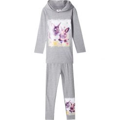 Długi shirt dziewczęcy z kapturem + legginsy (2 części) bonprix jasnoszary melanż z nadrukiem. Szare legginsy dziewczęce bonprix, z nadrukiem, długie. Za 79,99 zł.