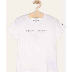 Tommy Hilfiger - T-shirt dziecięcy 98-176 cm. Niebieskie bluzki dziewczęce z nadrukiem, z bawełny, z okrągłym kołnierzem, krótkie. Za 119,90 zł.
