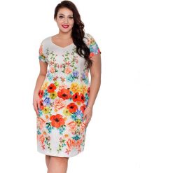Elegancka żakardowa sukienka z ozdobnym borderem PLUS SIZE wiosna lato. Białe sukienki damskie Moda Size Plus Iwanek, na co dzień, na lato, s, w kwiaty, z elastanu, eleganckie, z dekoltem w serek, plus size, z długim rękawem, długie, mini, ołówkowe. Za 165,00 zł.