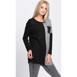 Czarna Bluzka Attitude. Czarne bluzki asymetryczne Born2be, l, z aplikacjami, z materiału, z okrągłym kołnierzem, z długim rękawem. Za 29,99 zł.