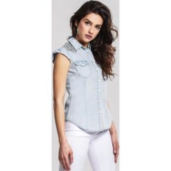 Niebieska Koszula Plasticize. Niebieskie bluzki damskie Renee, s, z aplikacjami, z jeansu. Za 69,99 zł.