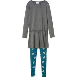 Sukienka mini z długim rękawem + legginsy (2 części) bonprix szary melanż - niebieskozielony z nadrukiem. Szare legginsy dziewczęce marki bonprix, z nadrukiem, z długim rękawem, długie, mini. Za 34,99 zł.