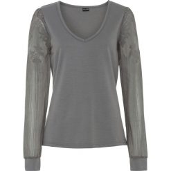 Shirt z długim rękawem i koronką bonprix antracytowy. Szare koszulki damskie bonprix, w koronkowe wzory, z koronki, z dekoltem w serek, z długim rękawem. Za 69,99 zł.