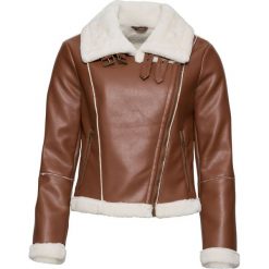 Kurtka biker ze sztucznym futerkiem bonprix brązowy. Pomarańczowe kurtki damskie bonprix, bez wzorów, bez kaptura. Za 124,99 zł.