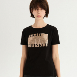 T-shirt ze złocistym nadrukiem - Czarny. Czarne t-shirty damskie Sinsay, l, z nadrukiem. Za 24,99 zł.