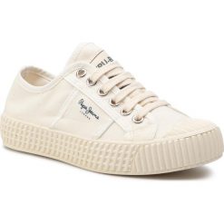 Trampki PEPE JEANS - Belife Girl PGS30407 Factory White 801. Białe trampki dziewczęce Pepe Jeans, bez wzorów, z jeansu, na sznurówki. W wyprzedaży za 149,00 zł.