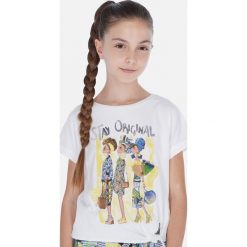 Mayoral - T-shirt dziecięcy 128-167 cm. Białe bluzki dziewczęce Mayoral, z nadrukiem, z elastanu, z okrągłym kołnierzem, z krótkim rękawem, krótkie, bez kaptura. Za 82,90 zł.