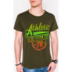 T-shirt męski z nadrukiem S1093 - khaki. Brązowe t-shirty męskie Ombre Clothing, s, z nadrukiem, z bawełny, bez kołnierzyka. Za 13,99 zł.