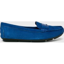 Calvin Klein - Mokasyny. Niebieskie mokasyny damskie marki Calvin Klein, ze skóry, na obcasie. Za 579,90 zł.