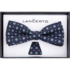 Mucha granatowa wzór geometryczny. Szare muszki męskie marki LANCERTO, bez wzorów, z dzianiny, eleganckie. Za 79,90 zł.