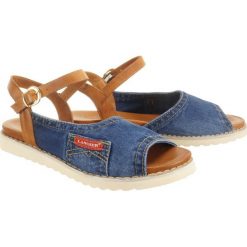 LANQIER 44C0214 jeans, sandały damskie. Sandały damskie Lanqier, bez wzorów, z jeansu, bez obcasa, bez zapięcia. Za 189,90 zł.