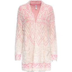 Sweter bez zapięcia bonprix biało-jasnoróżowy wzorzysty. Białe swetry damskie bonprix, bez wzorów, bez rękawów, bez kaptura. Za 99,99 zł.