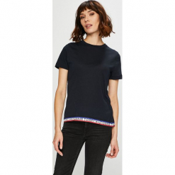 Tommy Hilfiger - Top. Czarne topy damskie TOMMY HILFIGER, l, z nadrukiem, z bawełny, z okrągłym kołnierzem. Za 179,90 zł.