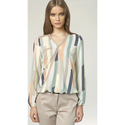 Pasiasta Bluzka z Dekoltem „V” z Kontrastową Plisą. Białe bluzki longsleeves Molly.pl, xl, eleganckie, z klasycznym kołnierzykiem. Za 99,90 zł.