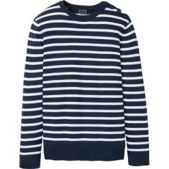 Sweter z plisą guzikową na ramieniu Regular Fit bonprix ciemnoniebiesko-biały w paski. Niebieskie swetry męskie marki bonprix, s, w paski, z okrągłym kołnierzem, bez kaptura. Za 89,99 zł.
