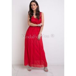 Sukienka Aurora Red. Czerwone sukienki damskie Modaforyou, s, w koronkowe wzory, z elastanu, z dekoltem na plecach, z długim rękawem, długie, maxi. Za 149,00 zł.