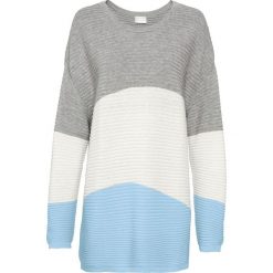 Sweter w prążek bonprix jasnoszary melanż - biel wełny - lodowy niebieski w paski. Szare swetry damskie bonprix, w paski, z wełny, bez rękawów, bez kaptura. Za 79,99 zł.