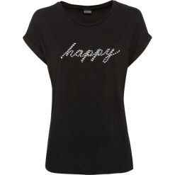 Shirt oversize z aplikacją bonprix czarny. Czarne koszulki damskie bonprix, z aplikacjami, bez kołnierzyka, bez rękawów. Za 59,99 zł.