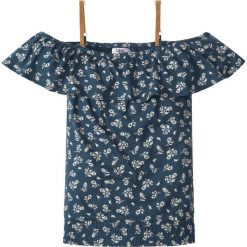 Shirt z dekoltem "carmen" bonprix ciemnoniebieski. Niebieskie bluzki dziewczęce bonprix, w kwiaty, bez kołnierzyka, bez rękawów, bez kaptura. Za 44,99 zł.