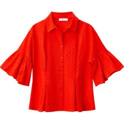 Koszulka z angielskim haftem, rozszerzane rękawy. Czerwone t-shirty damskie marki MADEMOISELLE R, z haftami, z bawełny, z koszulowym kołnierzykiem, z krótkim rękawem. Za 176,36 zł.