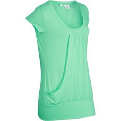 Długi shirt sportowy ze stretchem, krótki rękaw bonprix kremowy miętowy. Zielone bluzki sportowe damskie bonprix, bez wzorów, bez kołnierzyka, z długim rękawem, długie, bez kaptura. Za 59,99 zł.