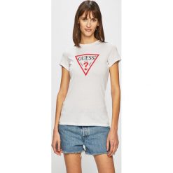 Guess Jeans - Top. Zielone bluzki damskie Guess Jeans, s, z nadrukiem, z bawełny, z okrągłym kołnierzem, z krótkim rękawem. W wyprzedaży za 89,90 zł.