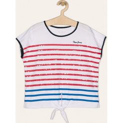 Pepe Jeans - T-shirt dziecięcy Monet 128-178/180 cm. Białe bluzki dziewczęce Pepe Jeans, z aplikacjami, z bawełny, z okrągłym kołnierzem, z krótkim rękawem, krótkie, bez kaptura. Za 139,90 zł.