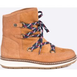 Tommy Hilfiger - Śniegowce. Brązowe śniegowce damskie marki TOMMY HILFIGER, ze skóry, z okrągłym noskiem, na obcasie, na sznurówki. W wyprzedaży za 499,90 zł.