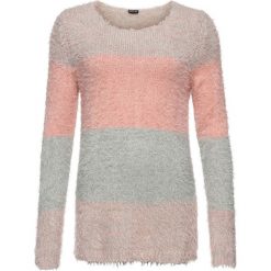 Sweter z przędzy z długim włosem w paski bonprix szaro-dymny jasnoróżowy w paski. Szare swetry damskie bonprix, w paski, z dzianiny, z długim rękawem, długie, bez kaptura. Za 89,99 zł.