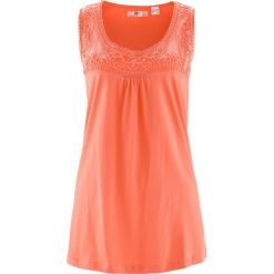 Top bawełniany z koronką bonprix łososiowy. Brązowe topy damskie bonprix, w koronkowe wzory, z bawełny. Za 34,99 zł.