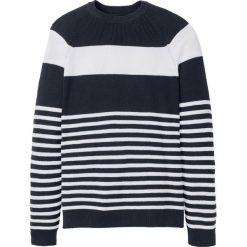Sweter w paski bonprix ciemnoniebiesko-biały w paski. Niebieskie swetry męskie marki bonprix, s, w paski, klasyczne, z klasycznym kołnierzykiem, bez kaptura. Za 74,99 zł.