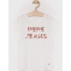 Pepe Jeans - Top dziecięcy Mildred 128-180 cm. Białe bluzki dziewczęce z nadrukiem, z bawełny, z okrągłym kołnierzem, krótkie. W wyprzedaży za 59,90 zł.