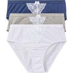 Figi "maxi" (3 pary) bonprix jasnoszary melanż- indygo - biały. Szare majtki damskie bonprix, z koronki. Za 38,97 zł.