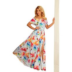 Kwiecista Maxi Sukienka z Hiszpańskim Dekoltem. Szare sukienki damskie Molly.pl, na spacer, s, w kwiaty, bez kołnierzyka, bez rękawów, maxi, rozkloszowane. Za 362,90 zł.
