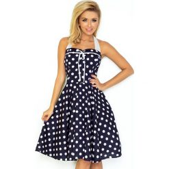 Sukienki: Rockabilly pin up sukienka – GRANATOWA w białe kropki – BEZ GORSETU Z TYŁU