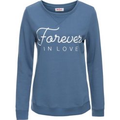 Bluza dresowa, długi rękaw bonprix niebieski dżins z nadrukiem. Niebieskie bluzy rozpinane damskie bonprix, z nadrukiem, z dresówki, z długim rękawem, długie. Za 59,99 zł.
