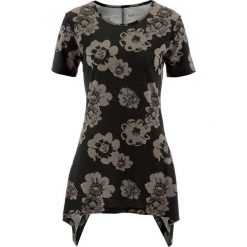 Shirt z dłuższymi bokami, krótki rękaw bonprix czarno-brunatny w kwiaty. Czarne t-shirty damskie bonprix, z aplikacjami, z okrągłym kołnierzem. Za 74,99 zł.