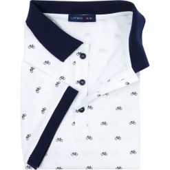 Męska koszulka polo - biała w granatowe rowery KP12. Białe koszulki męskie Lanieri Fashion - swetry męskie, m, bez wzorów, z bawełny, casualowe, z krótkim rękawem. W wyprzedaży za 134,10 zł.