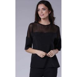 Czarna Szykowna Bluzka z Siateczką. Czarne bluzki damskie Molly.pl, s, bez wzorów, z tiulu, eleganckie, z klasycznym kołnierzykiem, bez rękawów. Za 128,90 zł.