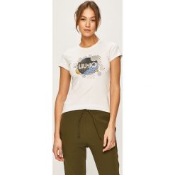 Liu Jo - T-shirt. Białe bluzki damskie Liu Jo, s, z aplikacjami, z elastanu, z okrągłym kołnierzem. Za 319,90 zł.